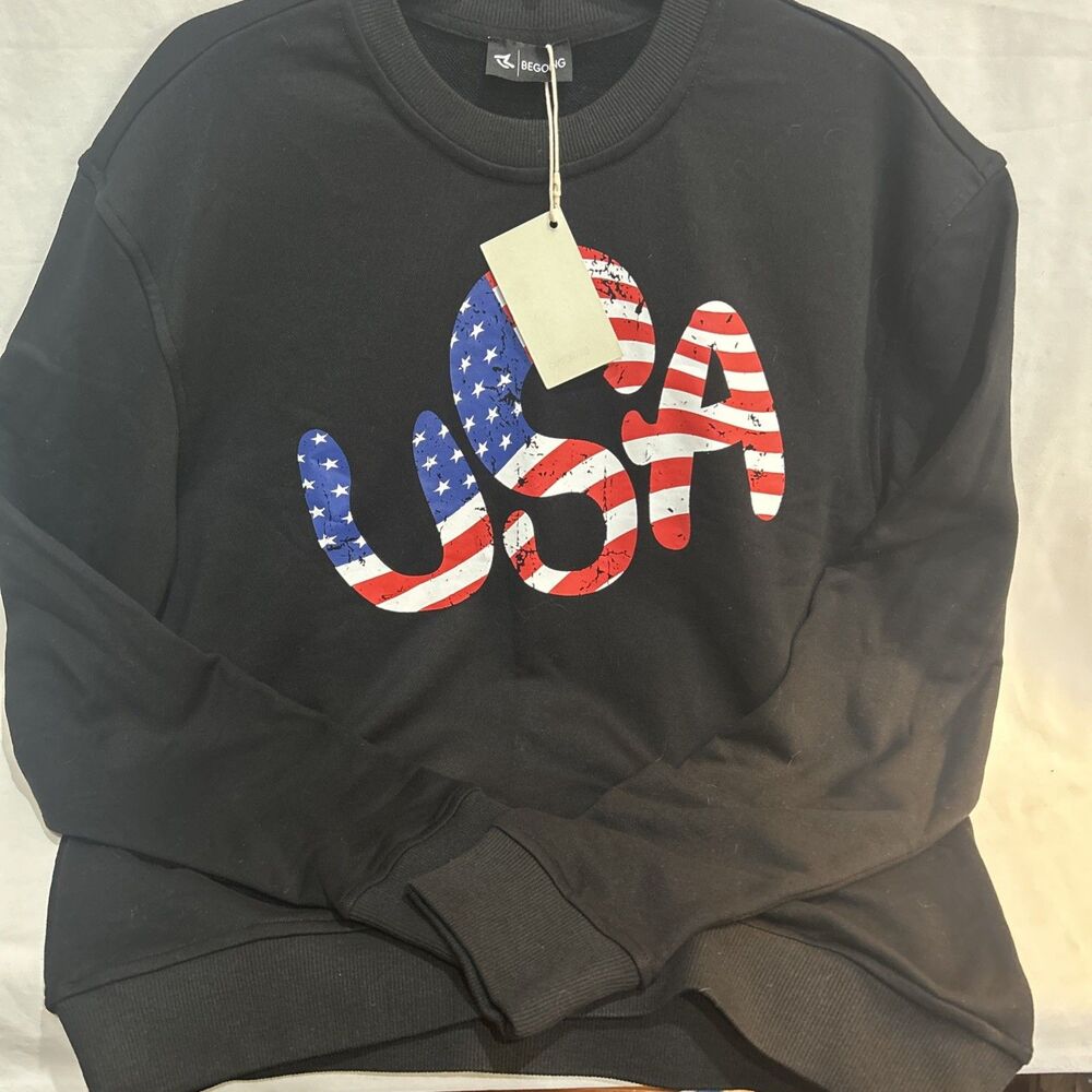 New BEGOING Womens Oversized USA Graphic Black Sweatshirt Medium